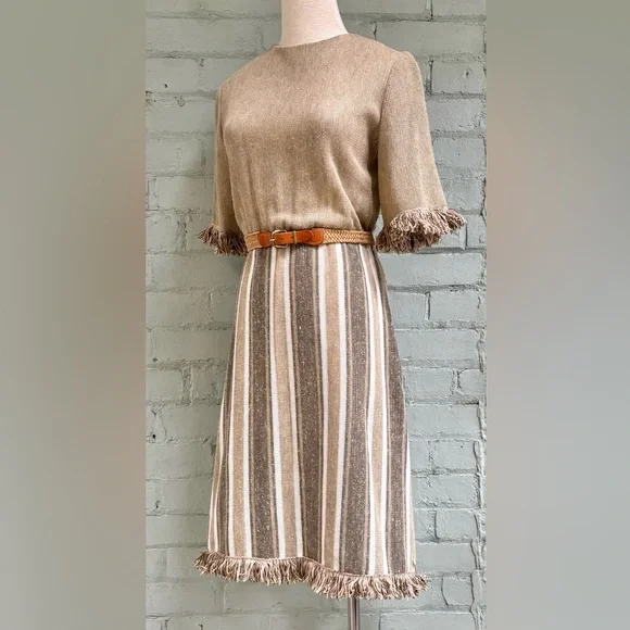 Vintage Woven Beige Striped Knit Midi Dress with Fringe - Picture 2 of 9